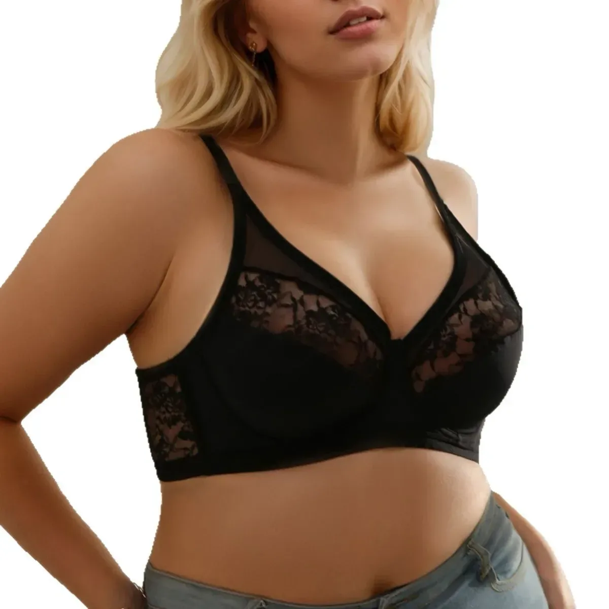 side support panel of the plus size black lace bra