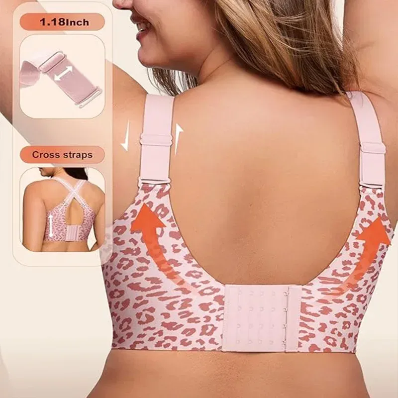 wide straps that cross on the leopard print wireless bra