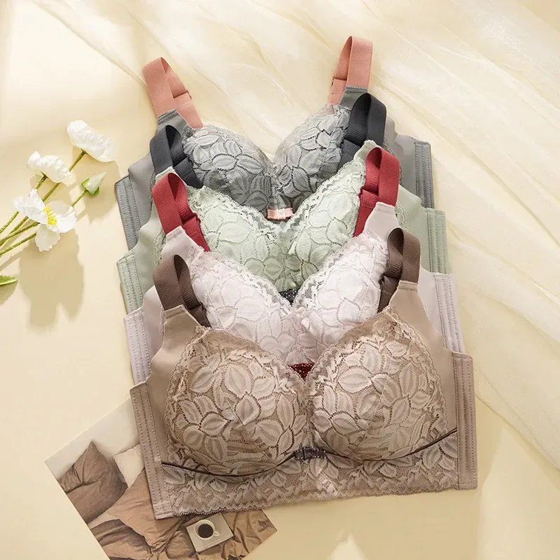 floral lace wireless bras stacked in several shades