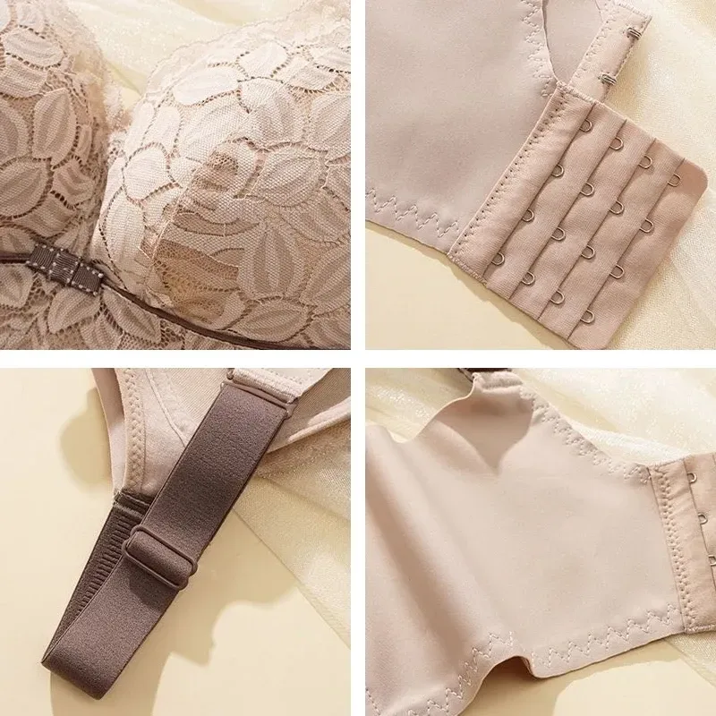 lace cup, hook back, strap and side panel details of the wireless bra