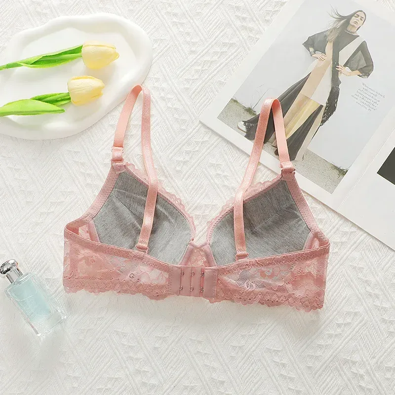 lined cups inside the pink floral lace bra