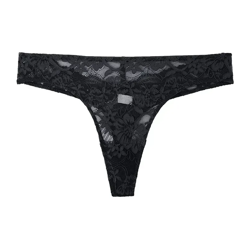 black floral lace thong laid flat