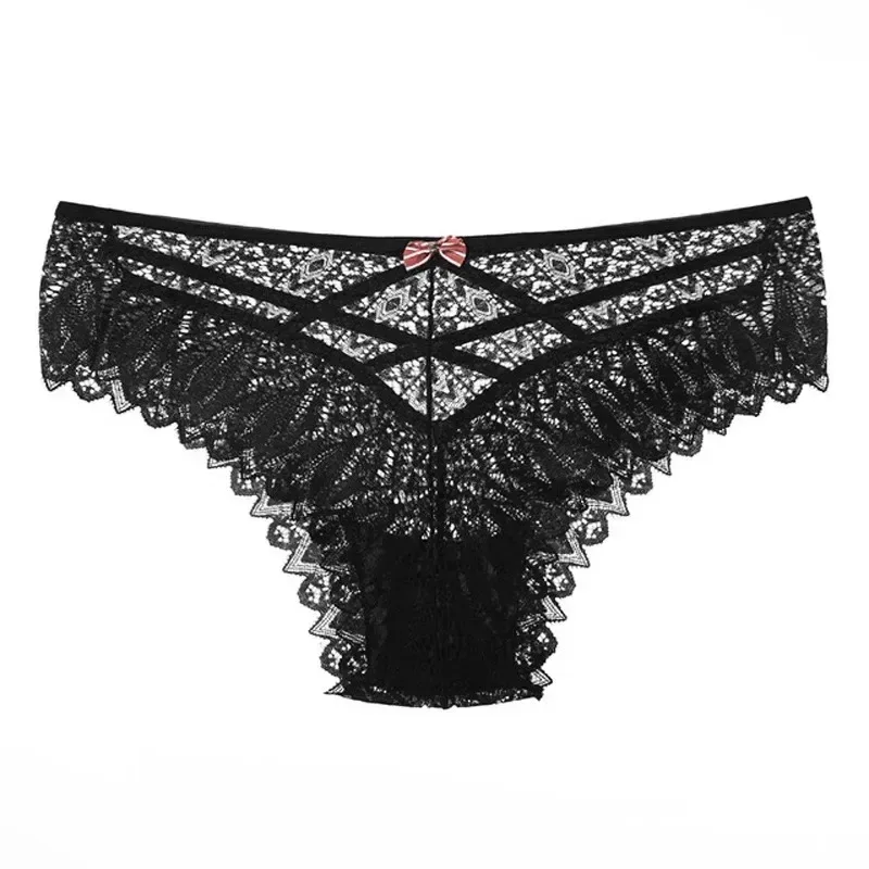 criss cross strap detail on black lace bikini panties