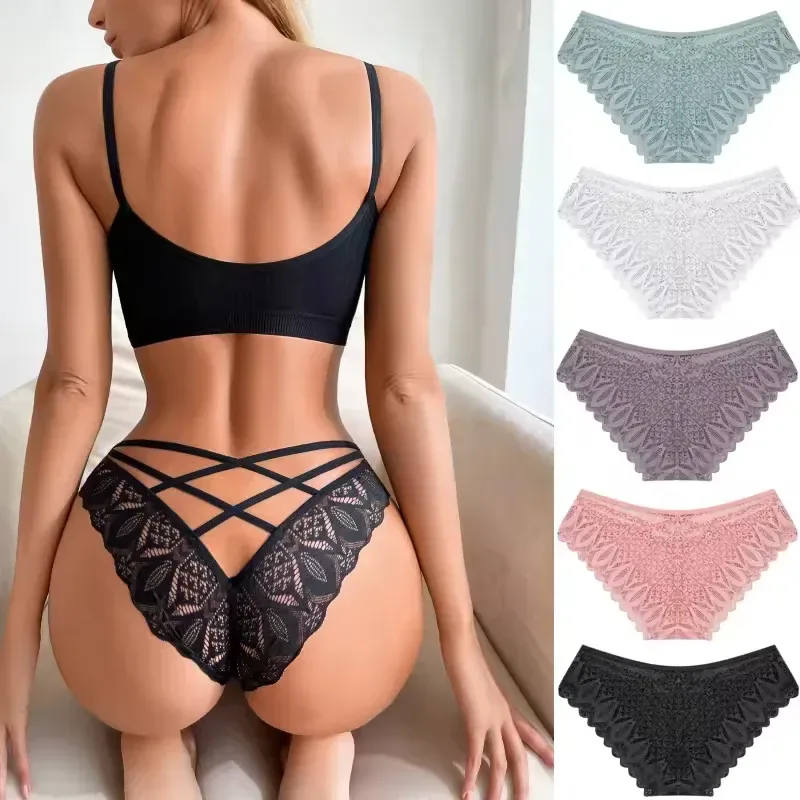 rear fit of lace bikini panties on a model