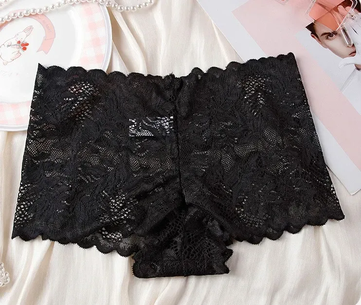 leaf lace pattern on black boyshort panties