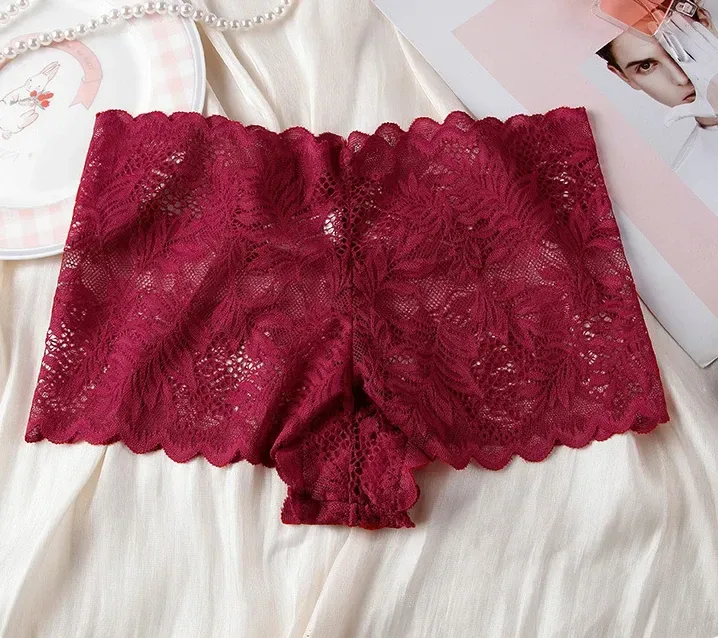scalloped leg edges on red lace boyshort panties