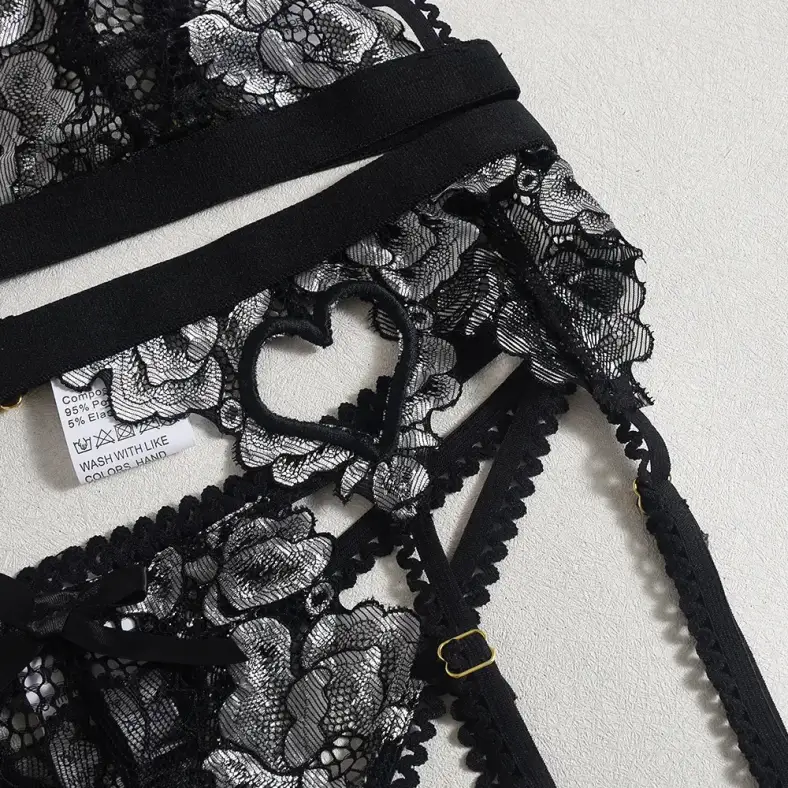 black and silver embroidered lace on the garter belt