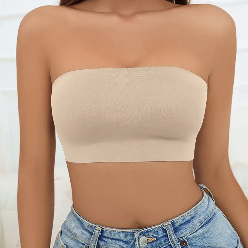 nude strapless bandeau bra worn with jeans