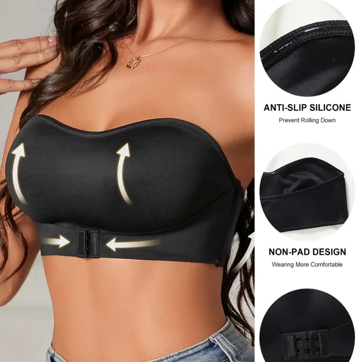 anti-slip silicone edge and front hooks of the black strapless bra