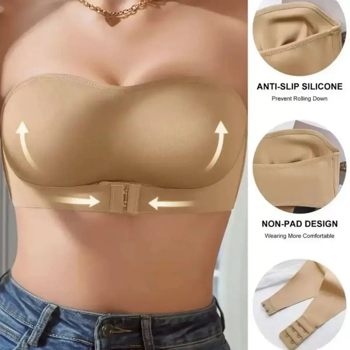 nude strapless push-up bra with lift and front closure