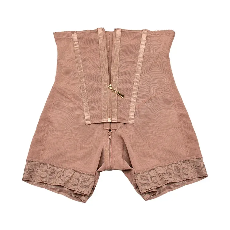 brown shaping shorts showing the front and crotch zips