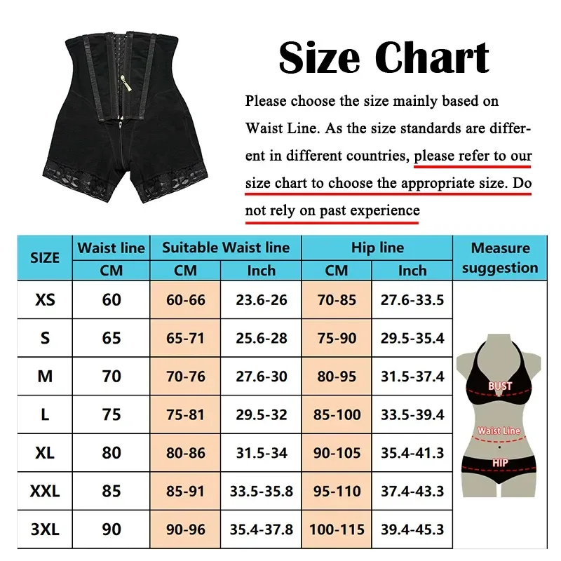 size chart for the zip front shaping shorts, waist and hip