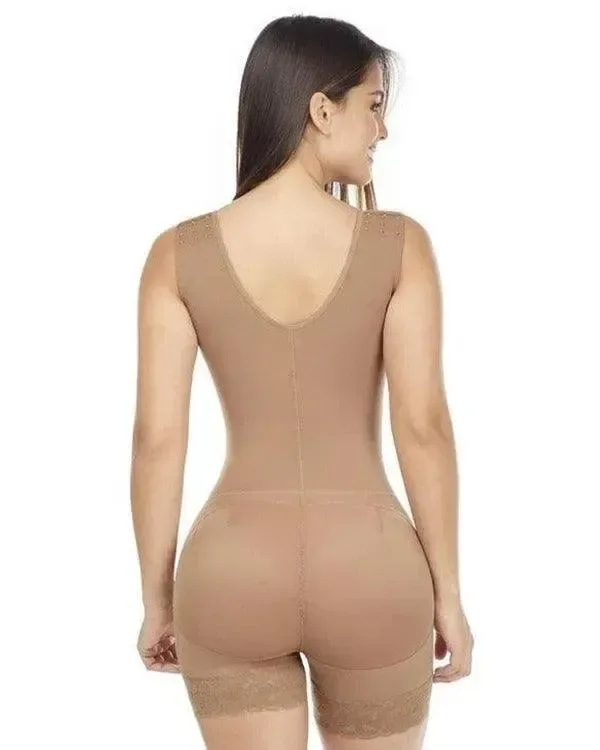 Back view of a full body shaping bodysuit with lace trim legs