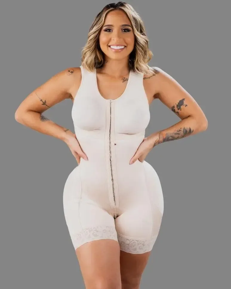 Beige shaping bodysuit with lace trimmed mid thigh legs