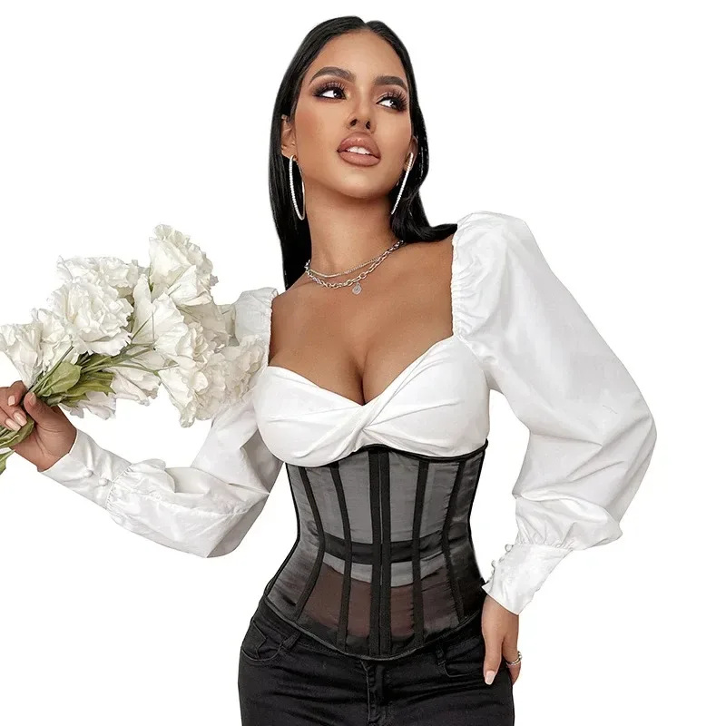 Black mesh underbust corset styled for an evening look