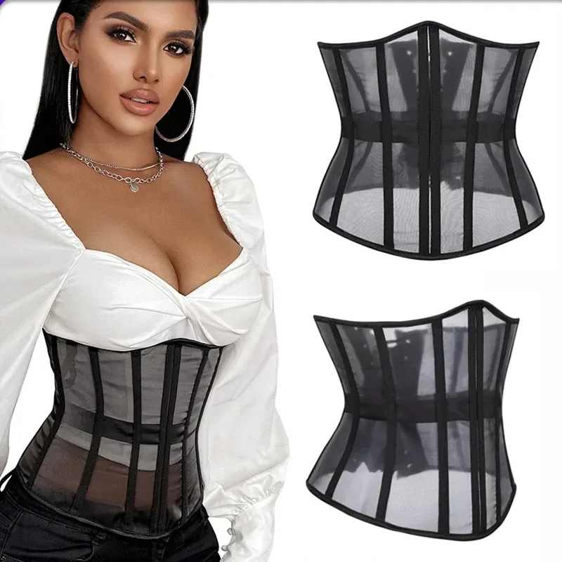 Mesh underbust corset shown worn and on its own