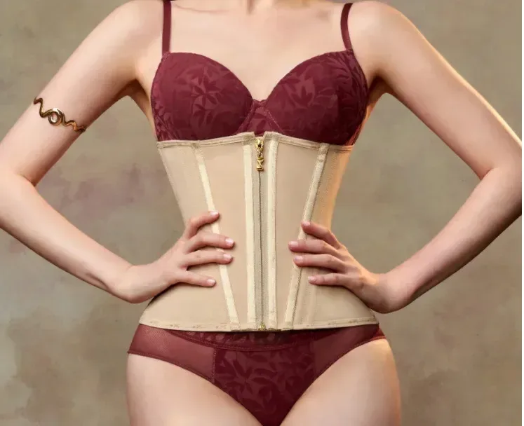 Champagne waist cincher zip front detail