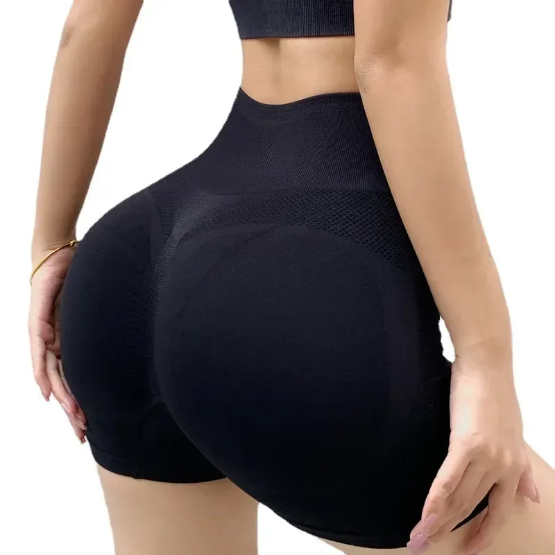 Black scrunch butt shorts, back view