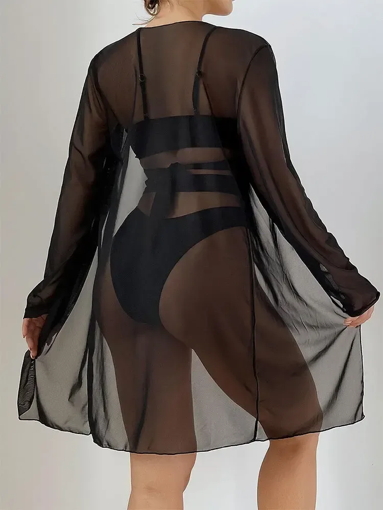 sheer long sleeve mesh kimono cover up