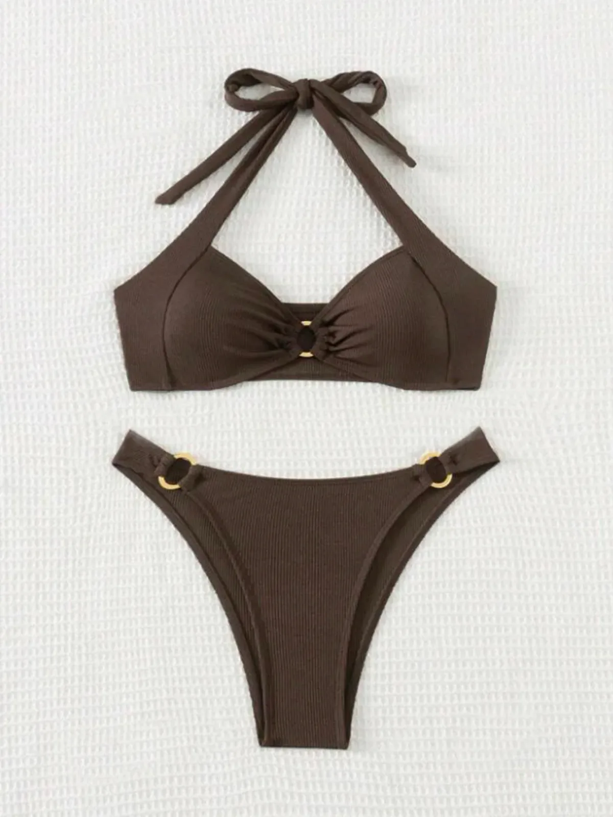 halter tie neck of the brown bikini
