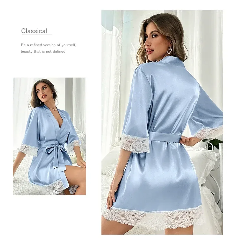 back view of the satin kimono robe with lace hem