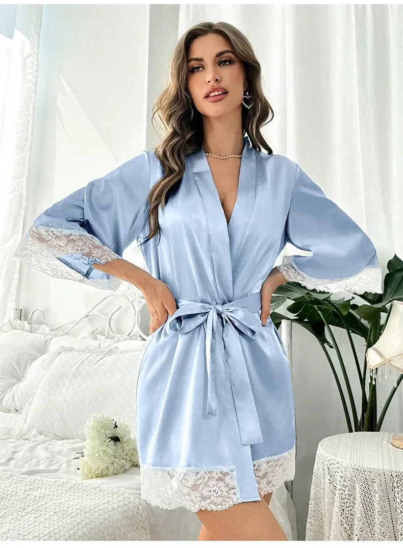 sky blue satin robe with tie belt
