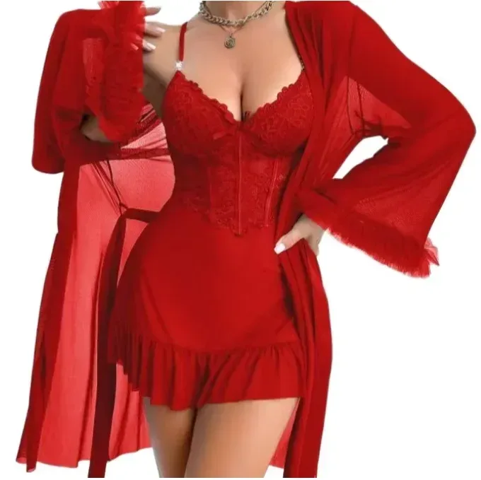 lace slip dress layered under the open robe