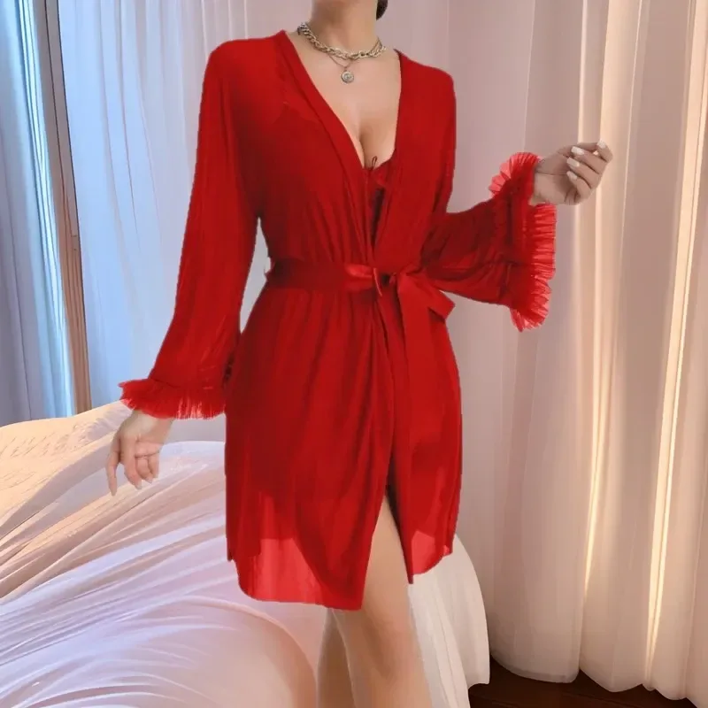 mesh robe wrapped closed with its tie belt