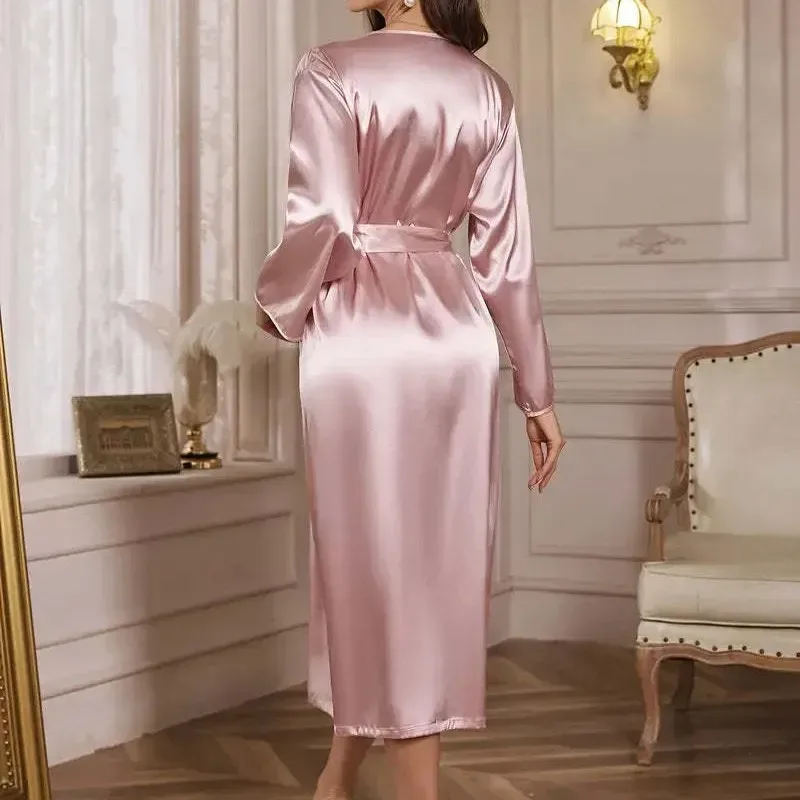 long satin robe falling below the knee, back view