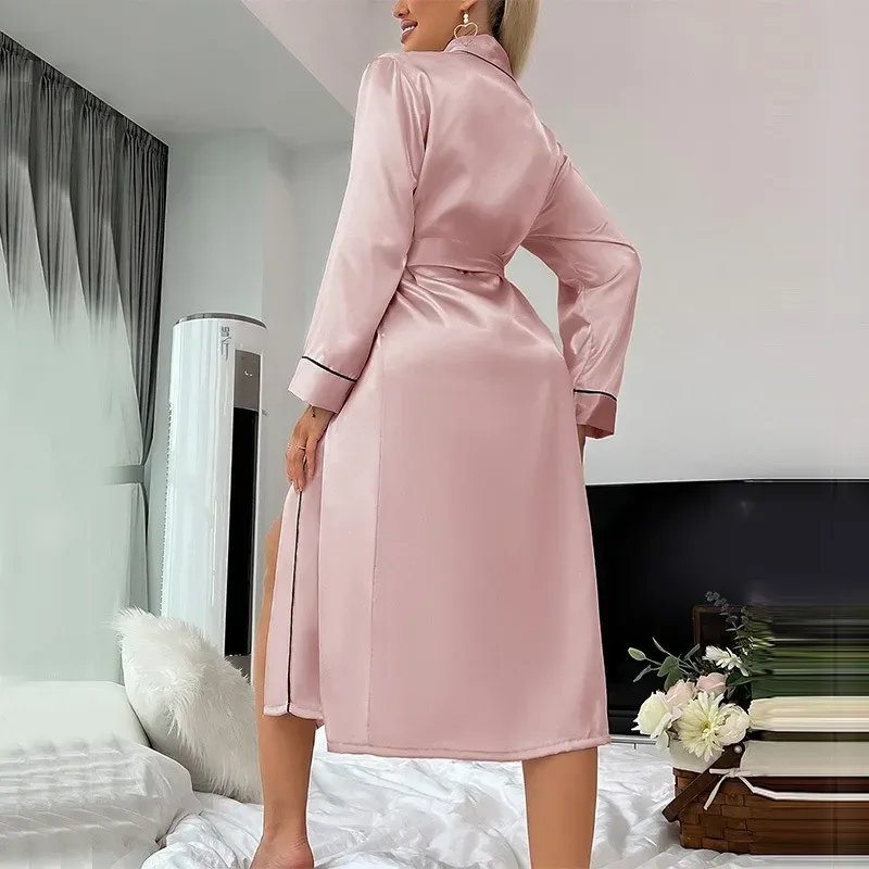 back view of the satin robe with tie belt