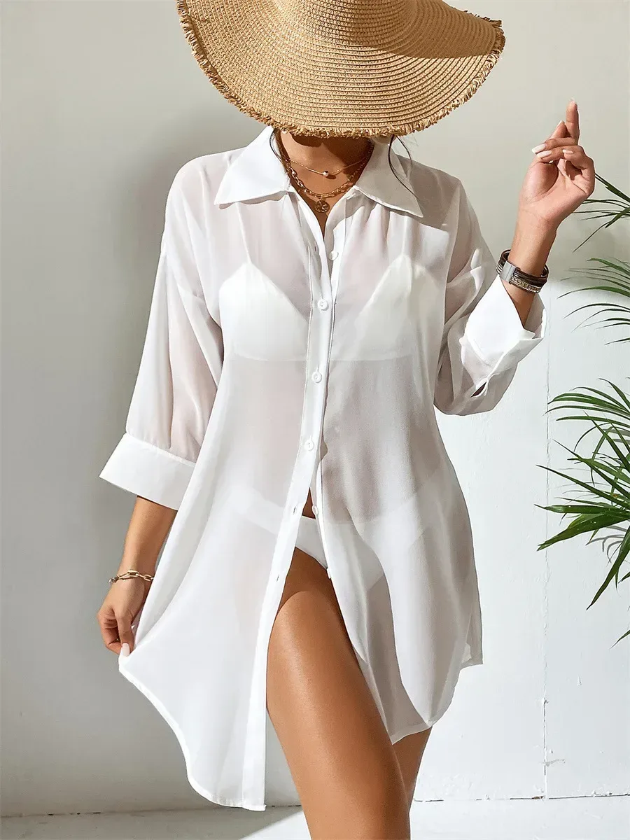 button front of the chiffon shirt cover up