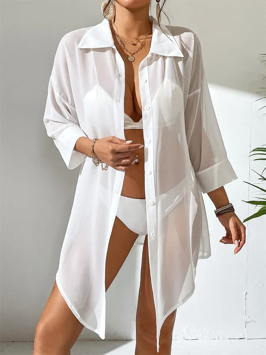 cuffed 3/4 sleeves of the chiffon cover up