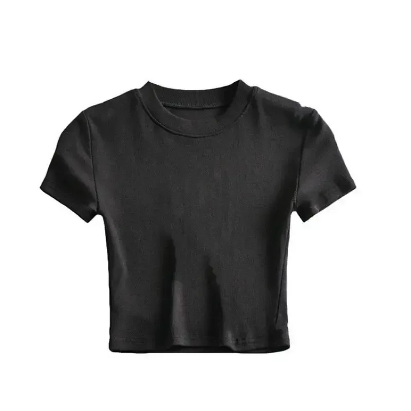round neck and short sleeves of the black crop tee