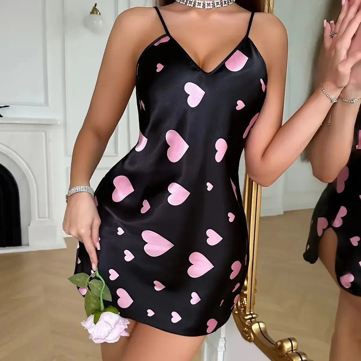 black heart satin slip dress for lounging