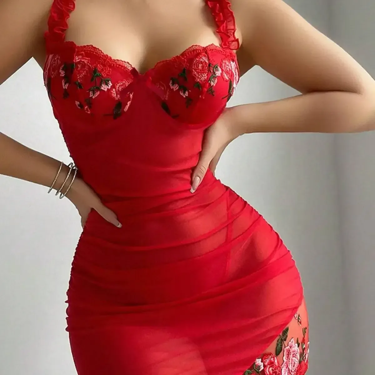 rose embroidered cups of the mesh nightie